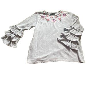 Baku Womens Ruggled Sleeve Floral Embroidered Blouse-Gray-Size M-GUC